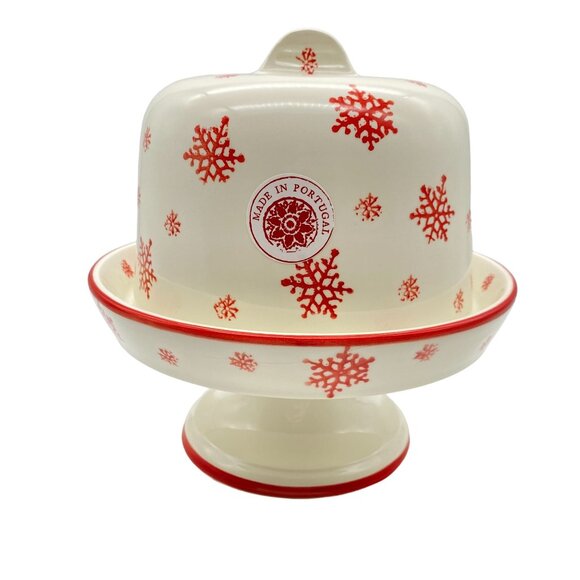 Farval Red white snowflake print covered pie cake dessert stand plate cookies Po - Picture 1 of 14